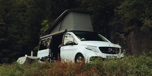 A Vanever Mercedes-Benz Marco Polo camper in the forest.