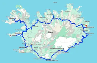 Island Rundreise 10 Tage: Screenshot der Google Maps Route auf Island mit dem Camper