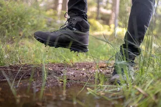 Hiking shoes in the musk with forest in the background