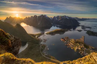 View of the Lofoten in Norway with the sun